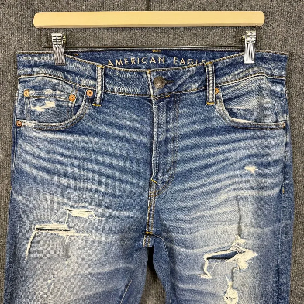 American Eagle Men's Slim Straight Jeans Airflex+ 34x28 Distressed Ripped Blue